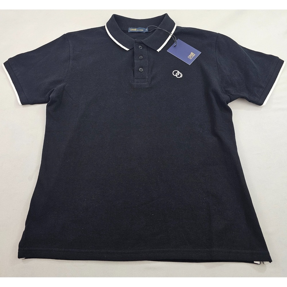 Roberto Cavalli Class polo shirt mens S Small black logo 3 buttons cotton RXT61C